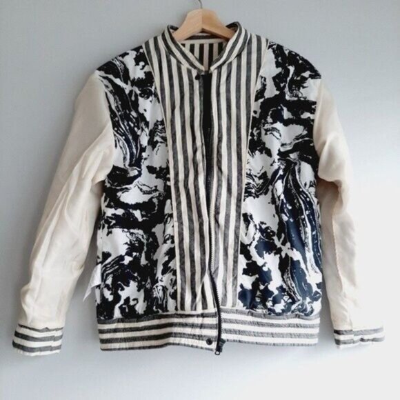 NUMPH - Anthro Womens Grey Striped Zip-Front Bomber Jacket Sz XS / S - Picture 9 of 13